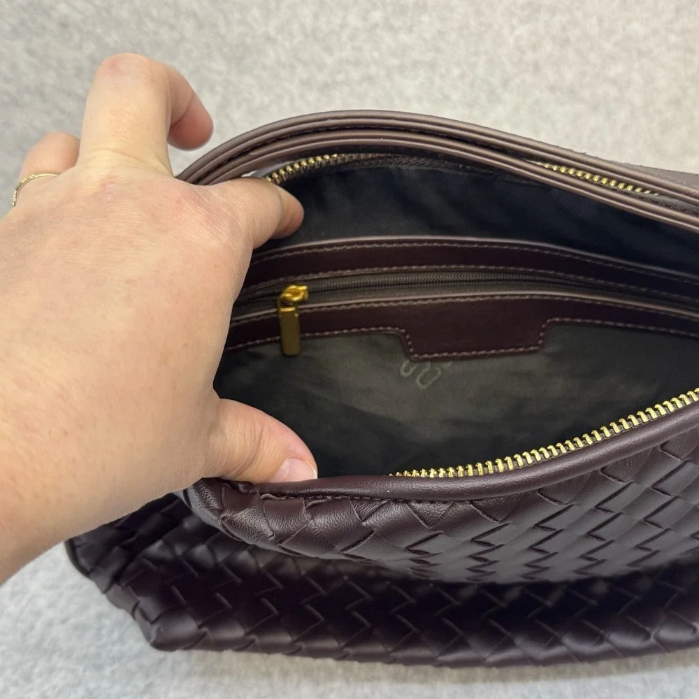 Vegan Leather Woven Hand Bag Brown Top Handle Women Shoulder Bag Adjustable - Picture 10 of 16